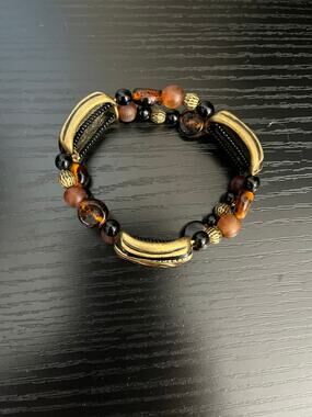 Chico's Tortoise Shell Resin & Tiger Eye Beaded Multi Row Stretch Bracelet